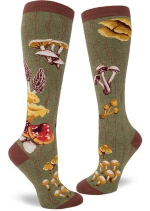 Mushroom Knee Socks | Unique Socks for Mushroom Hunters - Cute But Crazy Socks Comfortable Cotton Socks For Fall, Comfortable Cotton Knee-high Socks For Spring, Comfortable Mid-calf Socks For Fall, Casual Mid-calf Socks For Fall, Fitted Mid-calf Cotton Socks, Fitted Cotton Mid-calf Socks, Comfortable Cotton Knee-high Socks For Fall, Knee-high Socks For Spring Stocking Stuffer, Green Casual Knee-high Socks