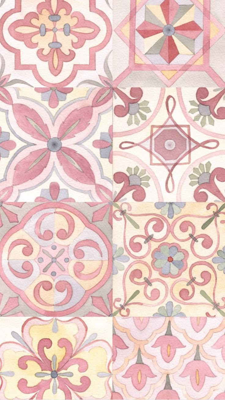 four different colored tile designs on a white background with pink, yellow and green accents