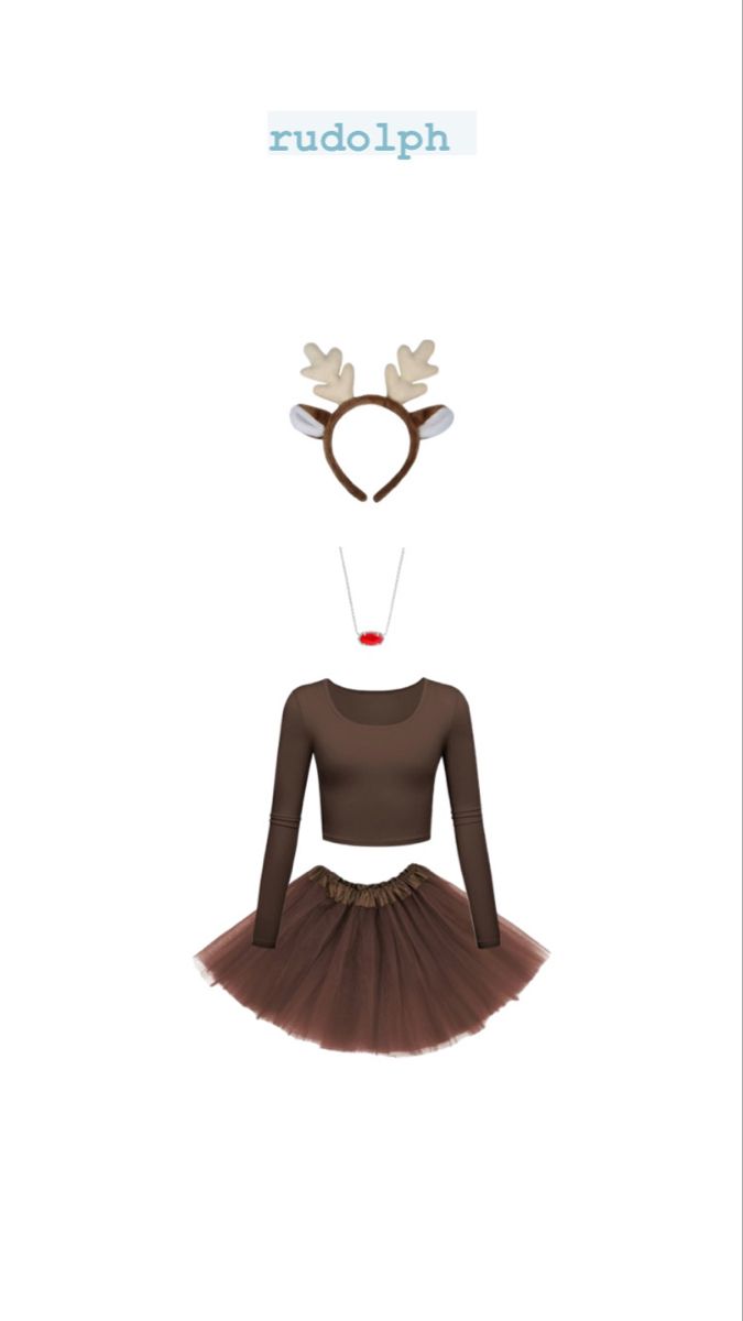 a woman wearing reindeer antlers on her head with a tutu skirt and brown top