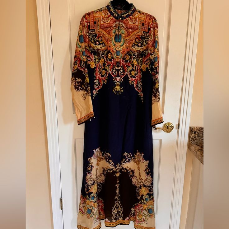 The A Printed Silk Kaftan Dress. Its Neckline Is Embellished In Beads And Stones. 100% Silk. Deep Navy Color. Rajdeep Ranawat, Silk Kaftan Dress, Dresses Printed, Kaftan Maxi Dress, Silk Kaftan, Kaftan Dress, Printed Silk, Navy Color, Silk Printing