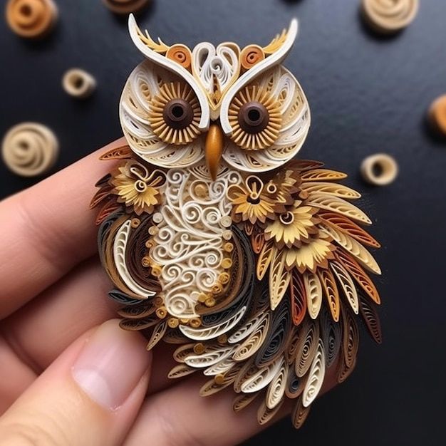 an intricately designed owl brooch sitting on someone's hand