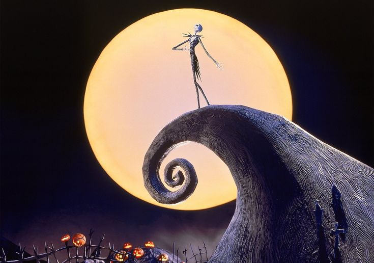 the jack skelling doll is standing on top of a wave in front of a full moon