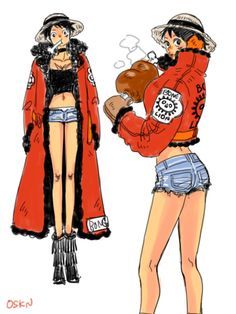 a drawing of two women in short shorts and red jackets, one holding a hot dog