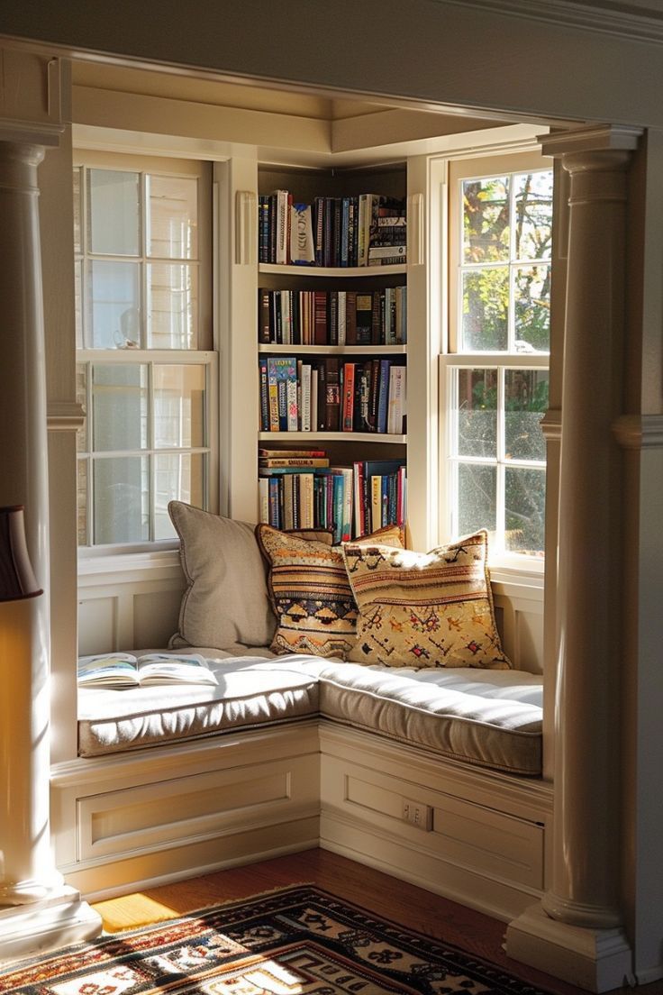 a window seat with bookshelves in the corner