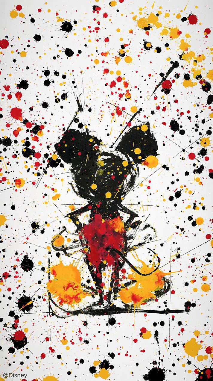 an abstract painting with black, yellow and red paint splattered on it's surface