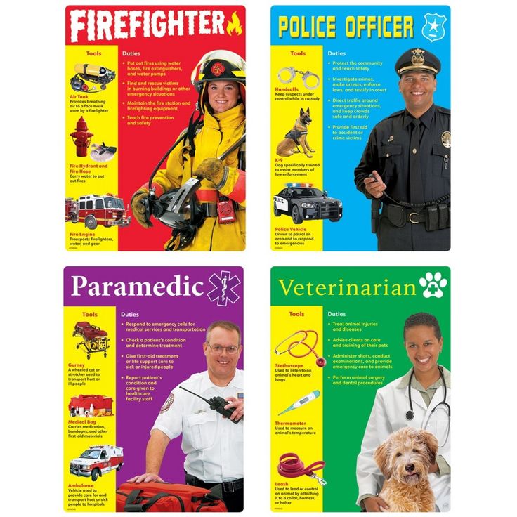 four pamphlets with different types of people and animals on them, including police officer, paramedic, veterinarian