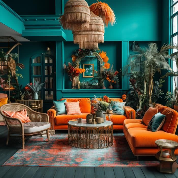 a living room filled with furniture and lots of plants on the wall next to windows