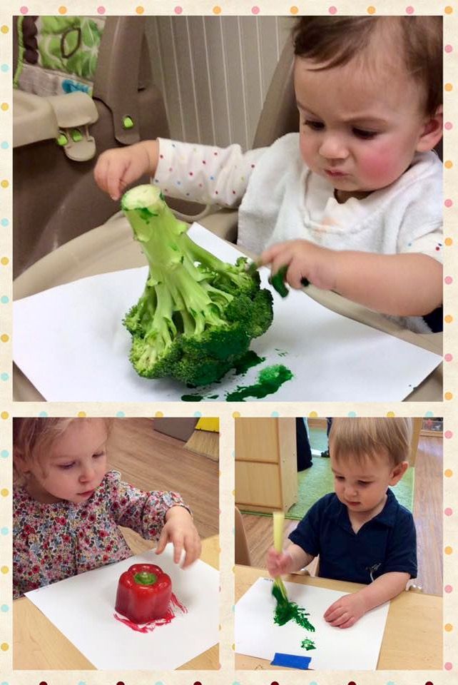 a collage of photos shows two children cutting broccoli with scissors and paper