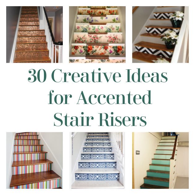 some stairs that have been painted with different colors and designs on them, including the words 30 creative ideas for accented stair risers