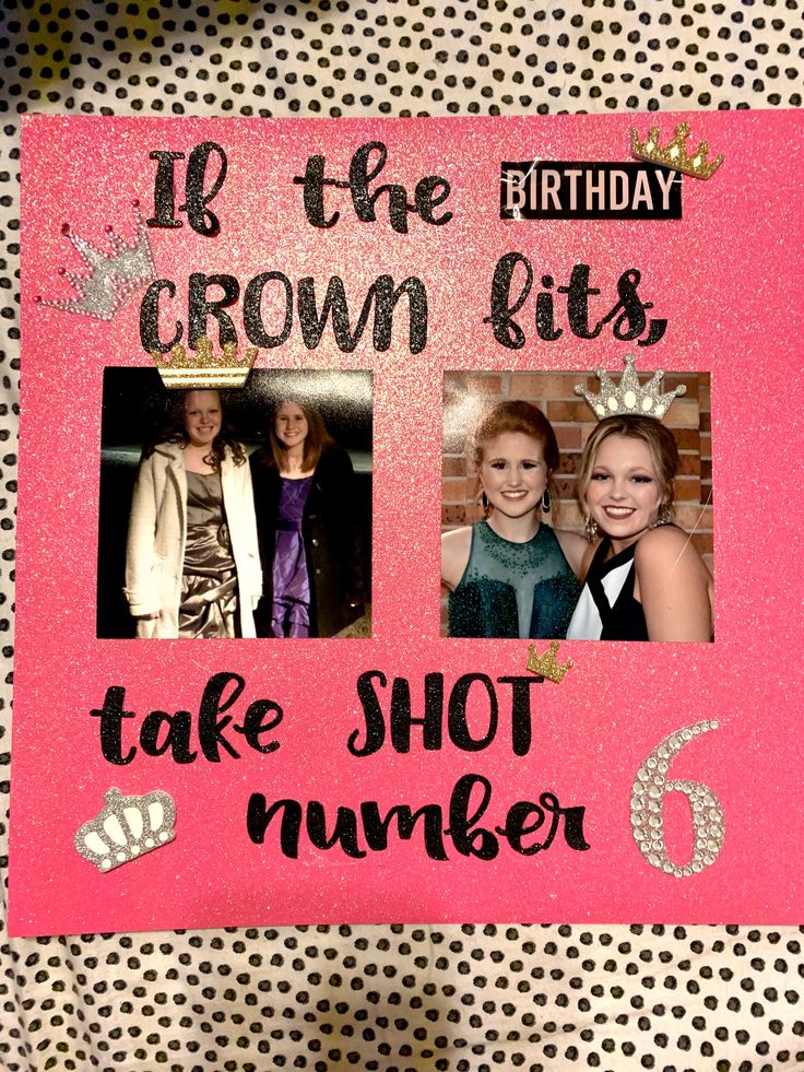 a pink birthday card with two photos and the words, it's the crown bits take shot number 6