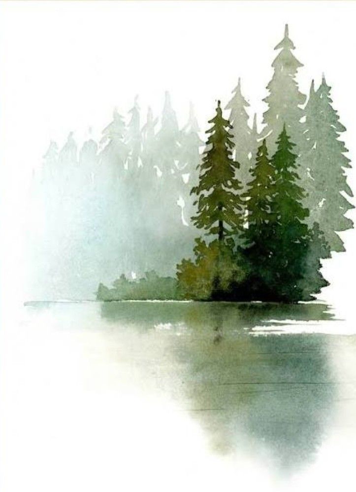 watercolor painting of pine trees in the fog