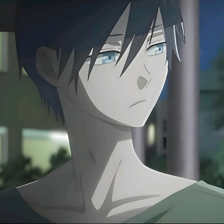 an anime character with blue eyes stares into the distance while standing in front of a building