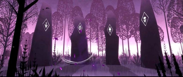 an animated scene with trees and purple sky