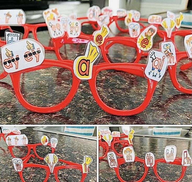 the glasses are made out of paper and have stickers on them to decorate them