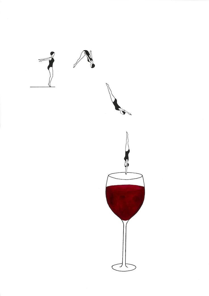 a drawing of a wine glass being filled with red liquid and flying people in the air