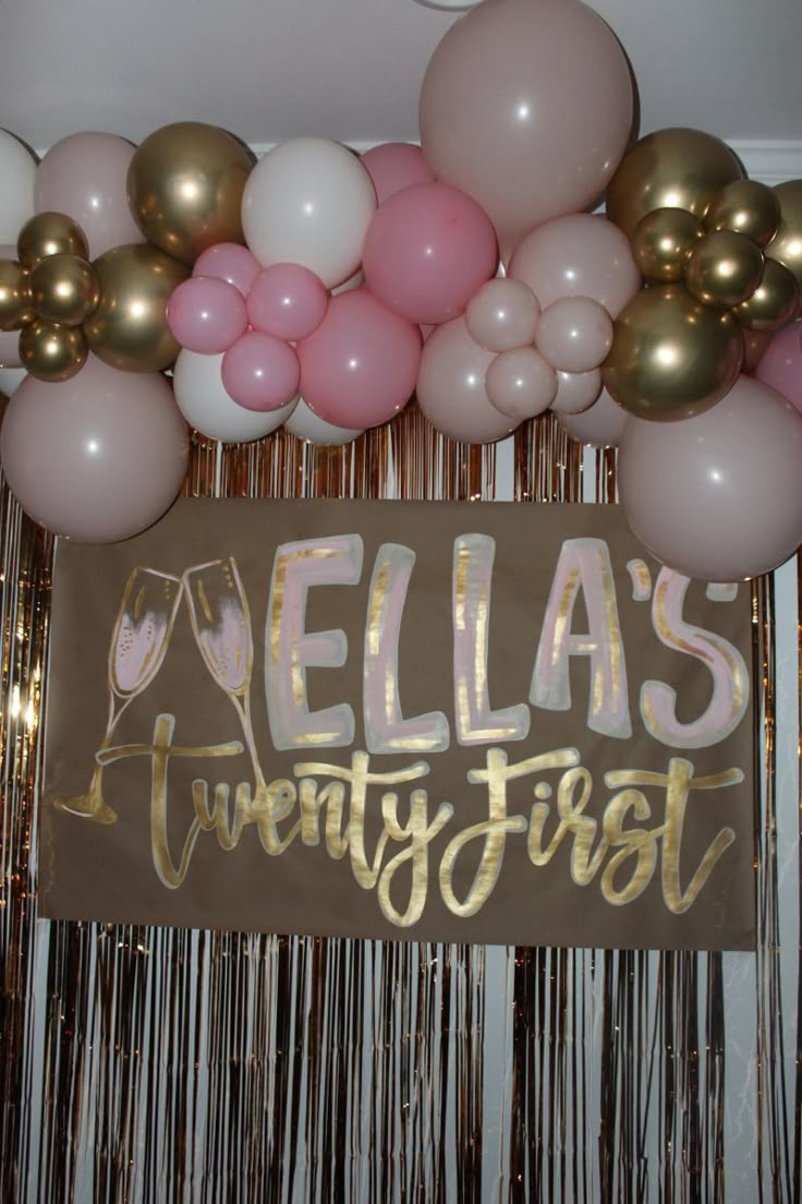 balloons and streamers are hanging from the ceiling in front of a sign that reads, melas twenty first