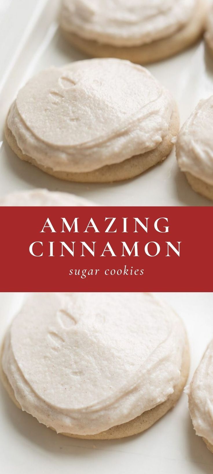 cinnamon sugar cookies on a baking sheet with white frosting and red text overlay