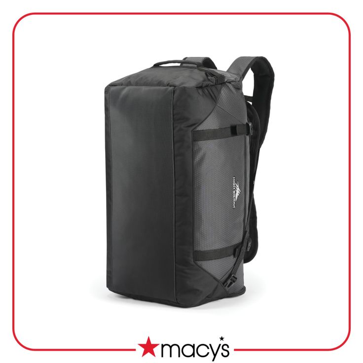 the back side of a black backpack with red frame around it and text that reads macy's