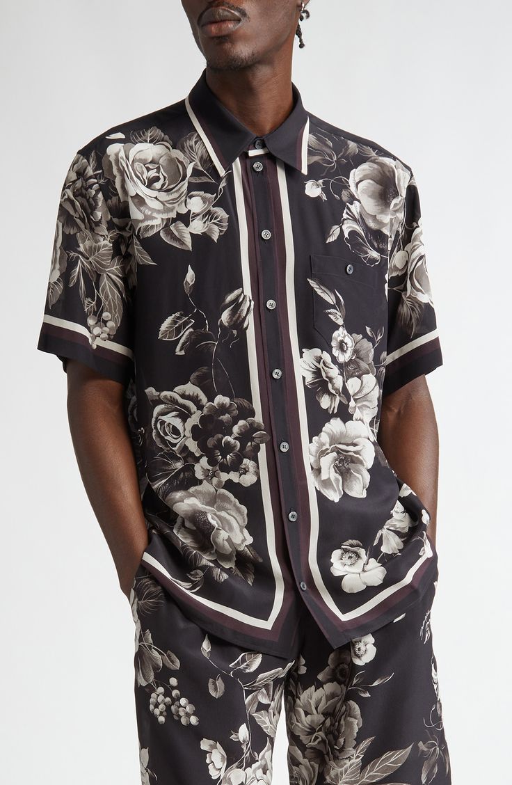 The label draws inspiration from the island beauty of Sicily in this resort-ready button-up blooming with a bordered-off floral print and cut from sleek silk. Front button closure Spread collar Short sleeves Chest button-patch pocket 100% silk Dry clean Made in Italy Designer Clothing Silk Button Up, Floral Short, Sicily, Print And Cut, The Label, Patch Pocket, Clothing Items, Button Up Shirts, Designer Clothing