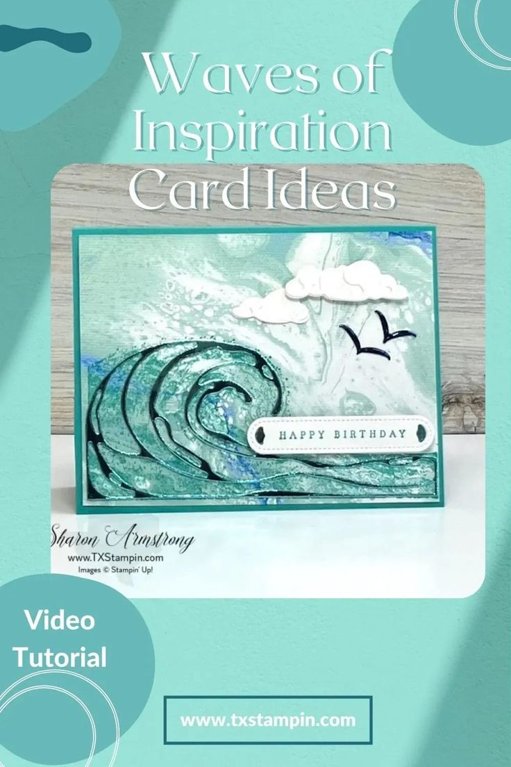 a card with the words waves of inspirational cards written in white and blue on it