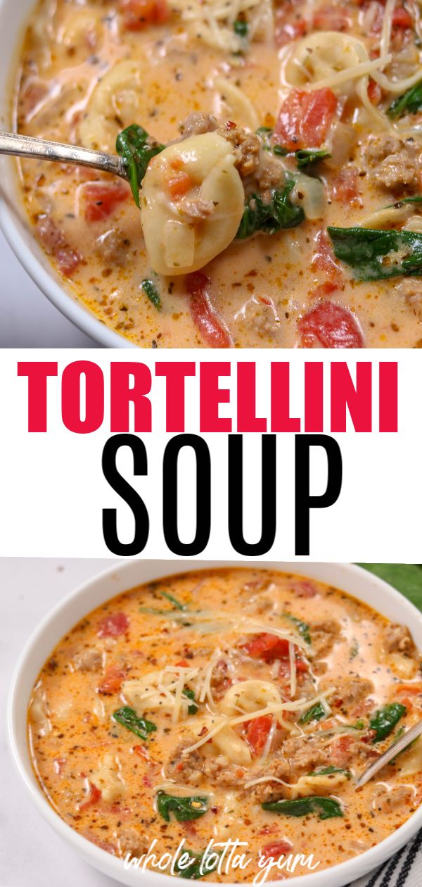 tortellini soup in a white bowl with spinach and cheese on top, next to the recipe title