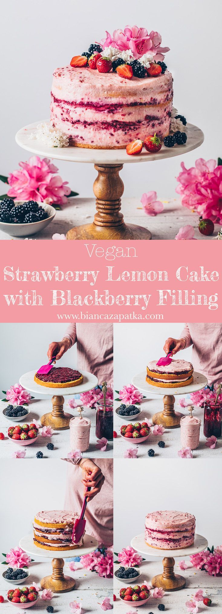 strawberry lemon cake with blackberry filling and fresh berries on the top is being cut into pieces