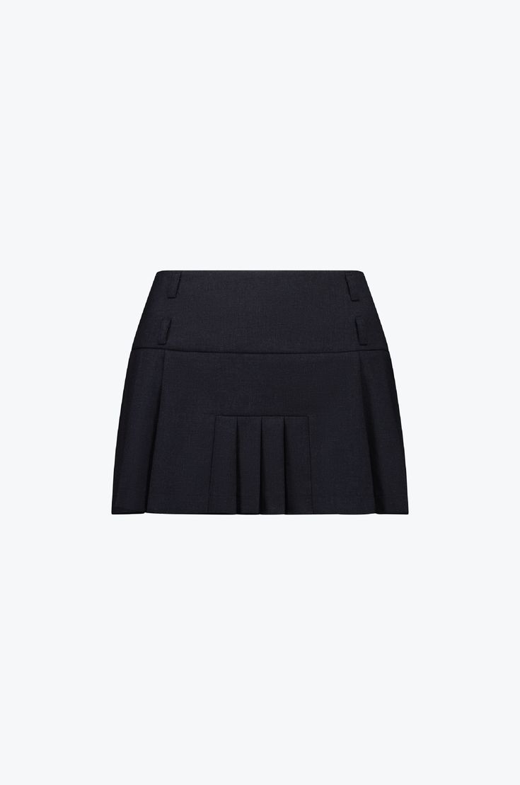 The Dua Pleat Mini Skirt features dual asymmetric box pleats, with four small pleats centered at the front and larger pleats around the circumference. Designed to sit low rise, mini in length. Detailed with an a large waistband and double belt loops, allowing you to stack belts for extra detail. This skirt fastens with a side zip. Paired perfectly with the Structured Mini Tee. Crafted in a soft Wool blend fabric. MADE IN AUSTRALIA. Fabric: 37% Wool, Polyester 57%, Viscose 10%, Elastane 3% Care: Cold hand wash inside out ONLY; lay out flat to dry. Dry low iron (no steam) Do not: tumble dry, machine wash, spin, wring, bleach, steam, hot iron. This garment is true to size. We recommend taking your normal size Franny is 174cm, an AU 6/XS [61cm Waist/ 61cm Hips] and wears a size EXTRA SMALL (XS Formal Mini Pleated Skort, Formal Mini Length Pleated Skort, Elegant Mini Skirt For School, Solid Color Skort With Pleated Hem And Short Length, Classic Pleated Waist Short Skort, Solid Color Skort With Pleated Hem, Classic Short Pleated Waist Skort, Classic Fitted Skort With Pleated Hem, Fitted Skort With Pleated Hem For Work