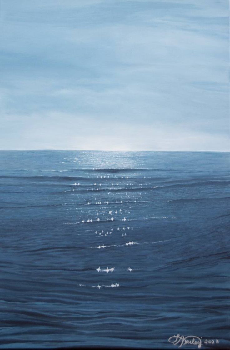 an oil painting of the ocean with blue sky and sun reflecting off the water's surface