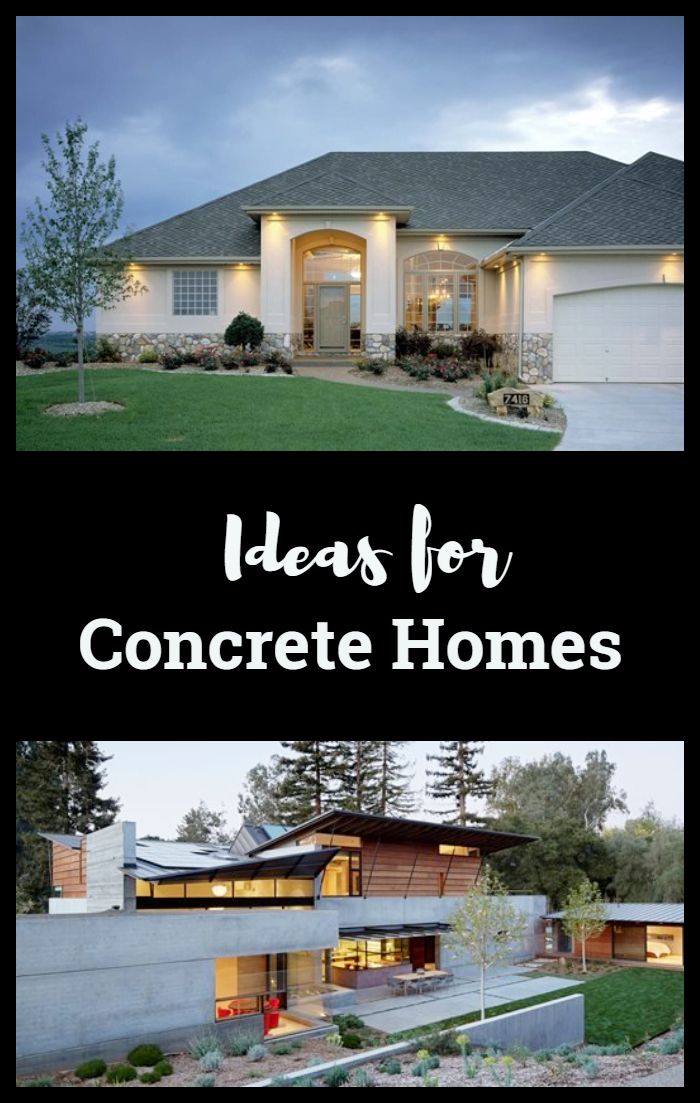 two different houses with the words ideas for concrete homes in front of them and an image of