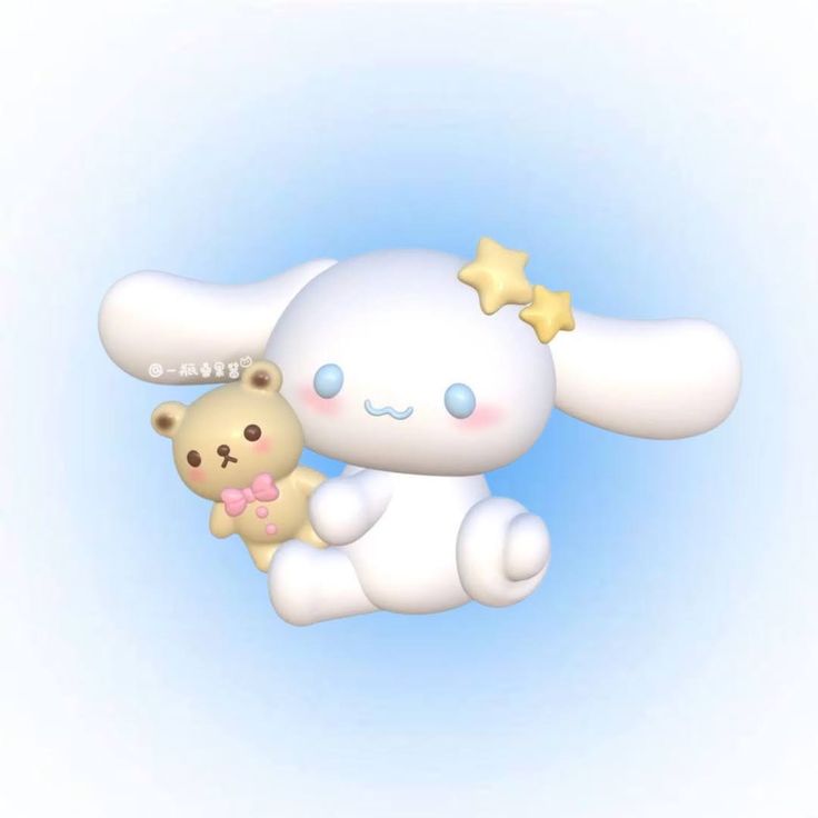 a white bunny holding a teddy bear in the air with stars on its chest and ears