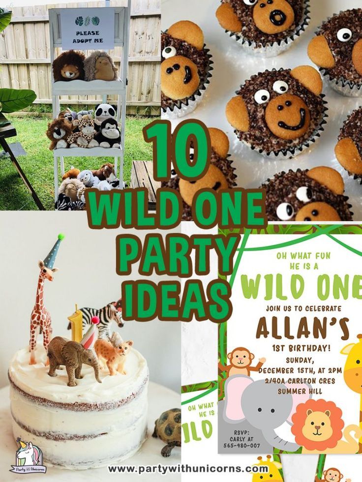 a collage of wild animal themed birthday party decorations and desserts including cupcakes