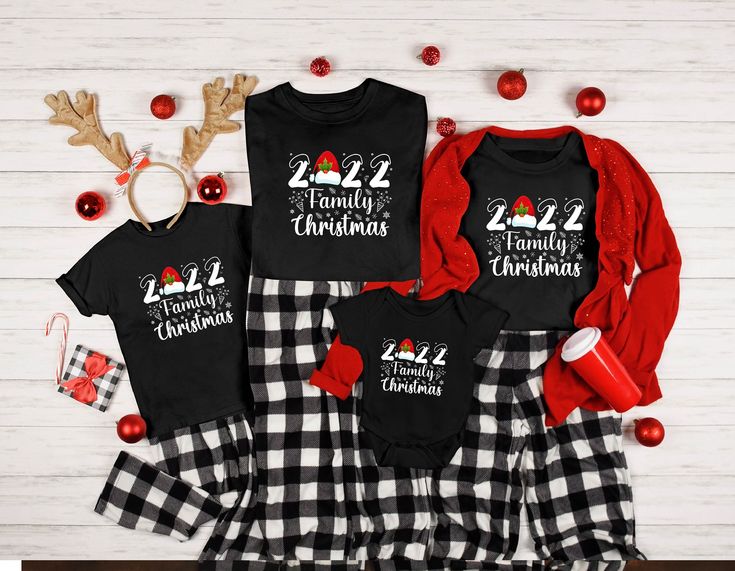 three matching family christmas shirts and plaid skirt