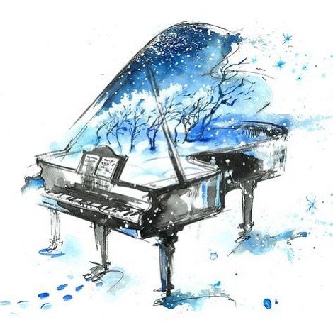 an artistic watercolor painting of a piano in the snow with trees and branches painted on it