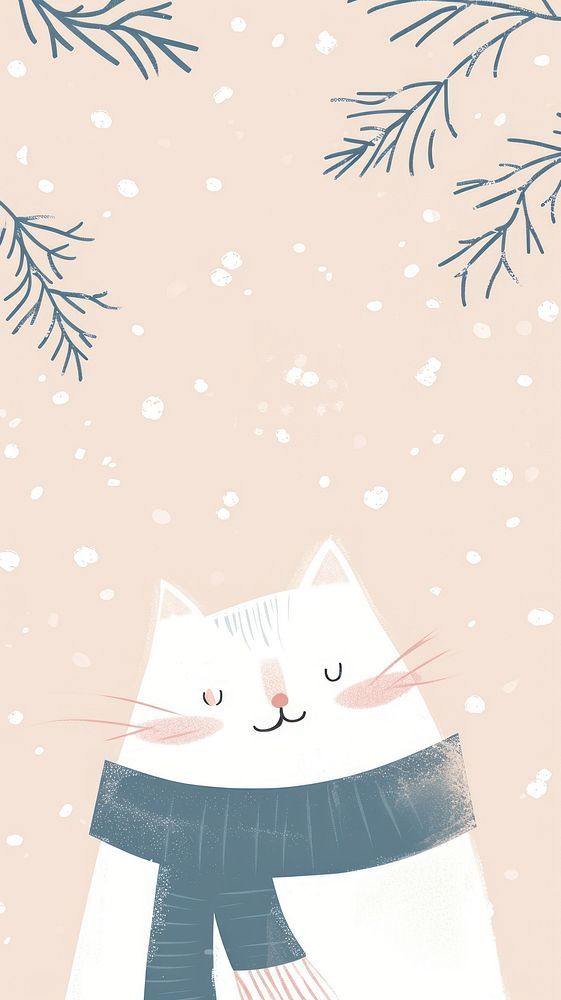 a white cat is wearing a scarf and standing in front of some snowflakes