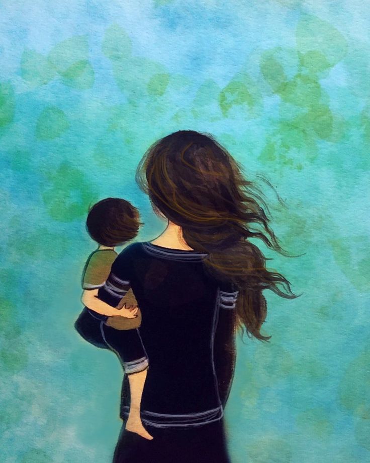 a painting of a woman holding a child in her arms and looking at the water