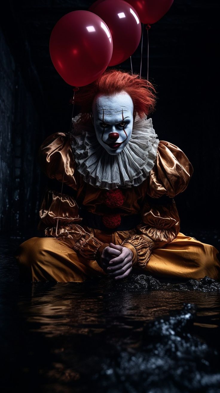 a clown sitting in the water with red balloons on his head and hands behind him