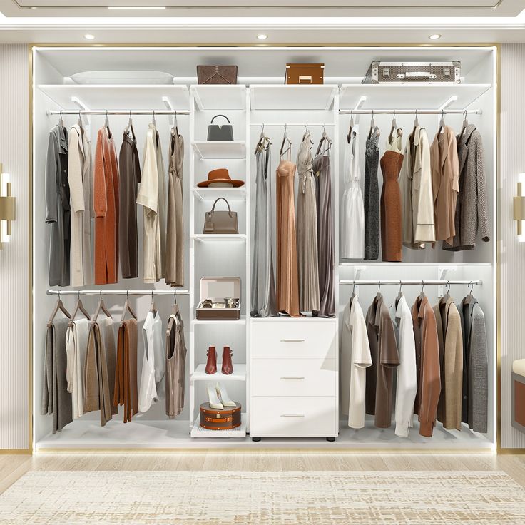 an open closet with clothes and shoes on hangers