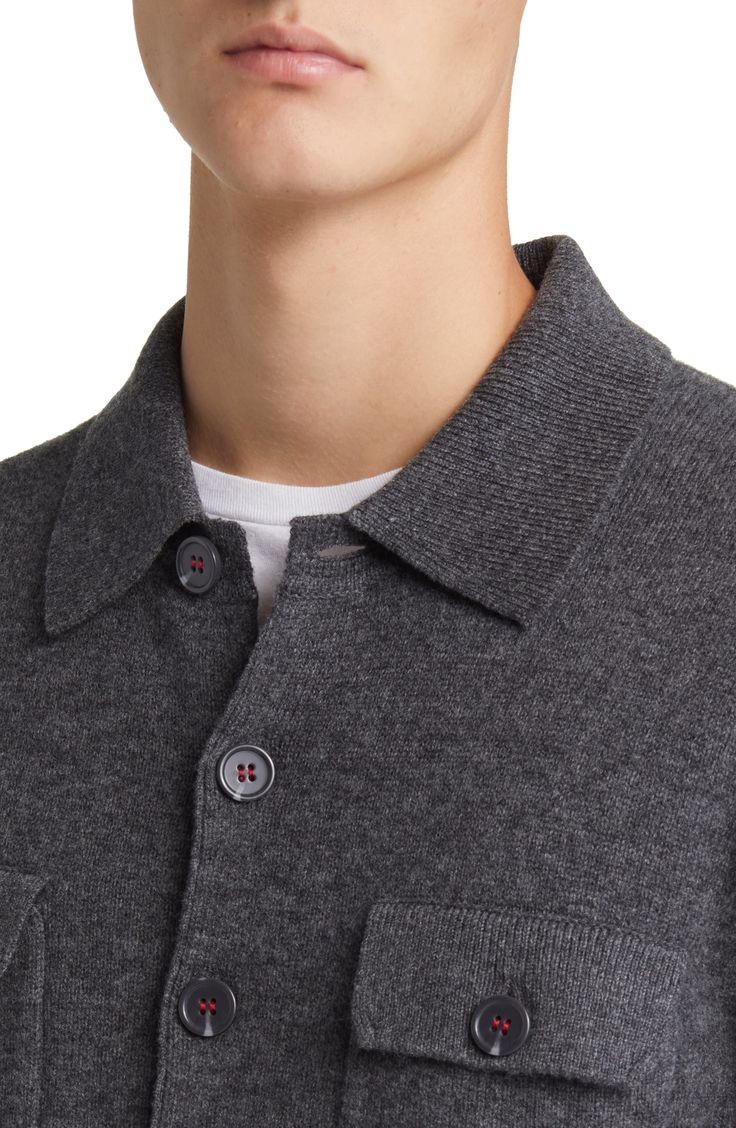 Experience cozy luxury with this merino-wool-and-cashmere cardigan, perfect for the bold person. Expertly crafted from top-notch materials, it offers light warmth, unmatched softness and a versatile style that adapts from laid-back to professional settings. Invest in quality, ease and daring elegance. Spread collar Ribbed cuffs and hem 90% merino wool, 10% cashmere Dry clean or hand wash, dry flat Imported Classic Wool Collared Cardigan, Cashmere Long Sleeve Sweater With Button Closure, Wool Button-up Top For Winter, Long Sleeve Cashmere Cardigan With Buttons, Fall Cashmere Tops With Button Closure, Casual Merino Wool Button-up Outerwear, Winter Fine Knit Cashmere Outerwear, Winter Cashmere Top With Button Closure, Collared Wool Sweater With Buttons