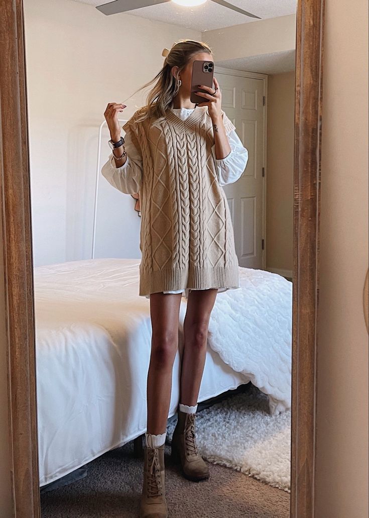 Tan Sweater Vest Dress Outfit, Sweater Dress With Shirt Under, Sweater Dress Vest Outfit, Oversized Sweater Vest Dress, White Long Sleeve With Vest, Sweatervest Aesthetic Outfit Fall, Sweater Layered Over Dress, Sweater Vest With Dress, Sweater On Top Of Dress Outfit