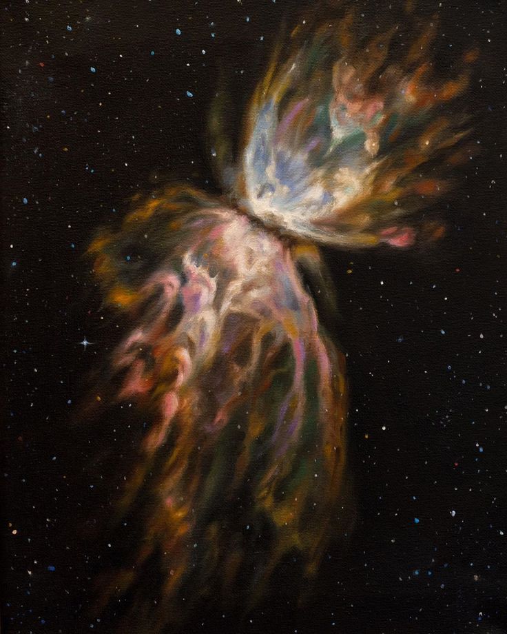 a painting of a butterfly flying through the air with stars in the sky behind it