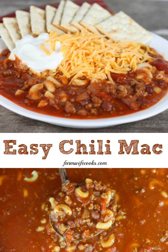 chili macaroni and cheese in a white bowl with the words easy chili macaroni