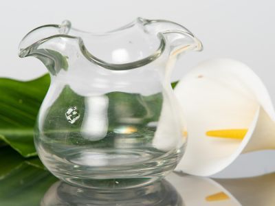 a clear glass vase sitting on top of a table next to a white tulip