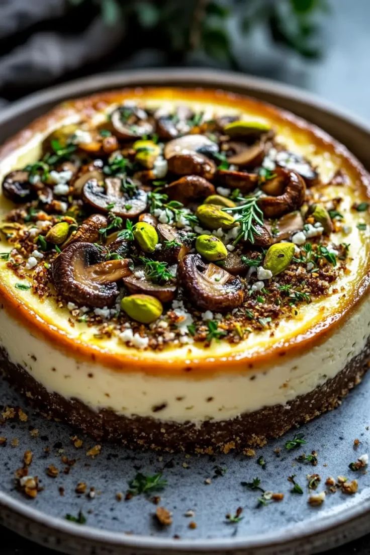 a cheesecake topped with nuts and herbs on a plate