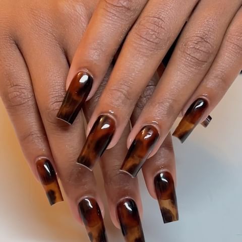 Tortoise Square Nails, Tortishell Nails Design Square, Tortoise Shell Nails Square, August Square Nails, Tortoise Print Nails, Gel X Fall Nails, Tortious Nail Design, Fall Acrylic Nails Square, Genre Nails