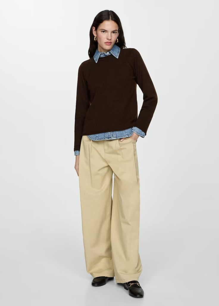 Fine-knit wool-blend sweater - Woman | MANGO USA Brown Turtleneck Sweater For Work, Relaxed Fit Cashmere Tops For Fall, Cotton Knit Top For Layering In Fall, Cashmere Sweater For Workwear In Spring, Spring Cashmere Sweater For Workwear, Chic Wool Sweater For Workwear, Casual Cashmere Tops For Fall, Chic Knit Polo Sweater For Workwear, Chic Wool Tops With Ribbed Collar