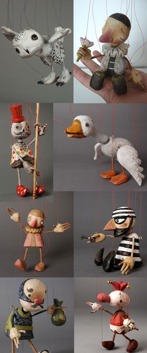 many different pictures of small figurines hanging from strings