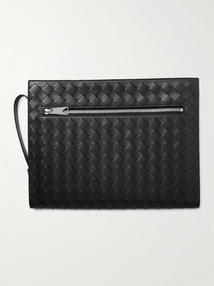 Bottega Veneta's 'Avenue B.' pouch is sized for a tablet, making it ideal for everything from boardrooms to travelling. It's made from black leather that's woven using the label's signature intrecciato technique and finished with a zipped pocket at the back. Designer Black Bag With Zipper Pouch, Luxury Black Pouch With Zipper Closure, Designer Rectangular Pouch For Formal Occasions, Designer Travel Wallets In Pouch Shape, Designer Travel Pouch Clutch, Designer Travel Wallet Pouch, Designer Black Pouch For Travel, Designer Black Leather Pouch, Luxury Formal Shoulder Bag With Zipper Pouch