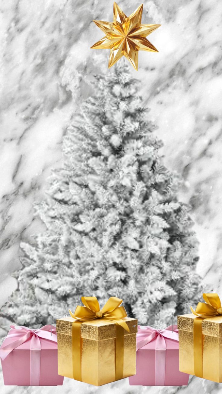 three wrapped presents under a christmas tree in front of a marble wall with a gold star hanging from the top