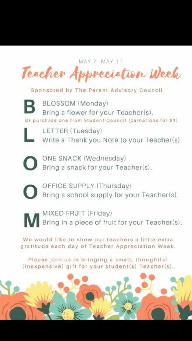 the teacher appreciation week poster with flowers and words on it's front page, which reads