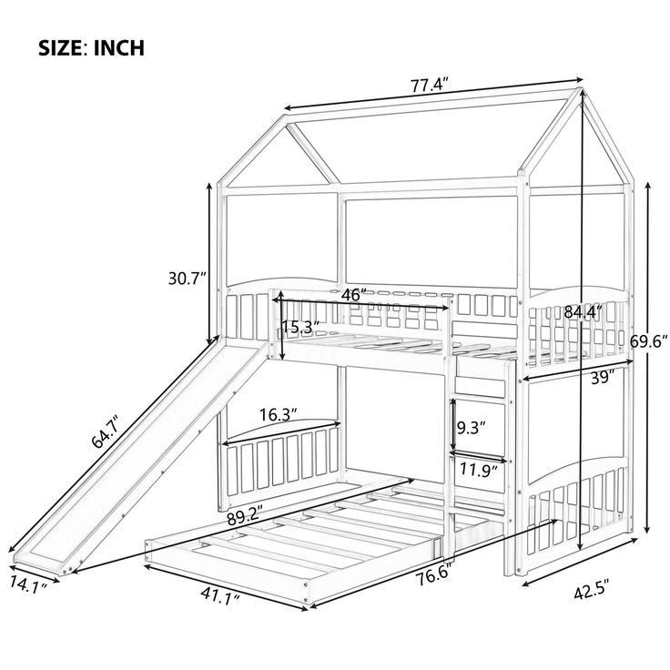 a drawing of a bunk bed with a slide and stairs on the bottom half side